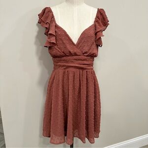 ALTAR’D STATE Swiss Dot Flutter Sleeve Mini Dress Dark Rose Color Size Medium